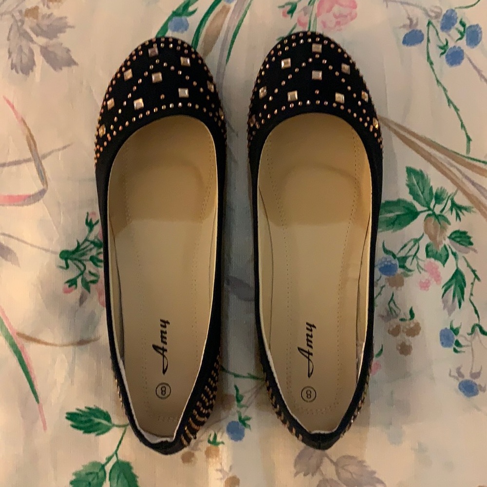 NIB Black and Brown Bejeweled Flats